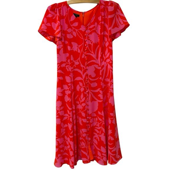 Talbots | Dress Midi Short Sleeve Pink Orange Floral V Neck- Size 6 Petite - Picture 1 of 8